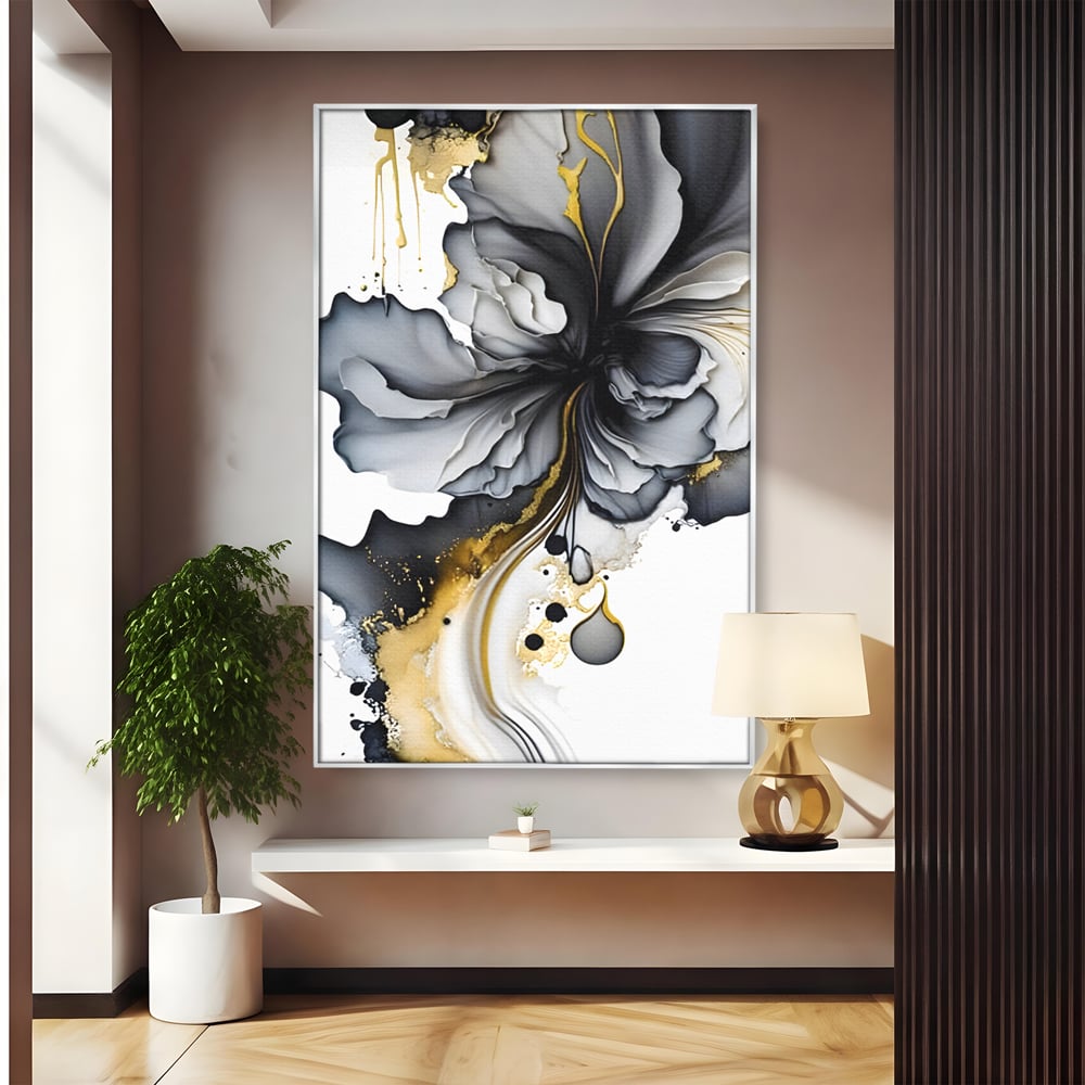 Tablou canvas cu tablou abstract cu floare neagra si accente aurii, in rama de aluminiu argintiu
